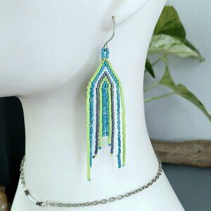 Boho Chic Beaded Cascade Fringe Dangle Earrings, Seed Bead Jewelry, 3.75"